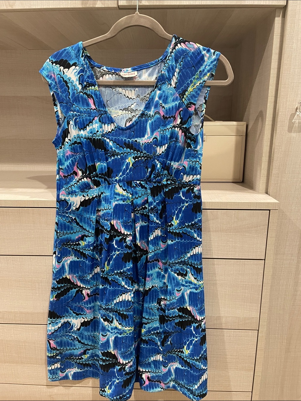 Karina  Blue Patterned V-Neck Midi Dress